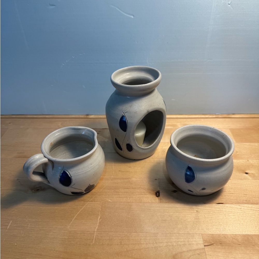 Williamsburg Pottery Candle Holder, Sugar Bowl & Creamer Salt Glaze Blue Leaves